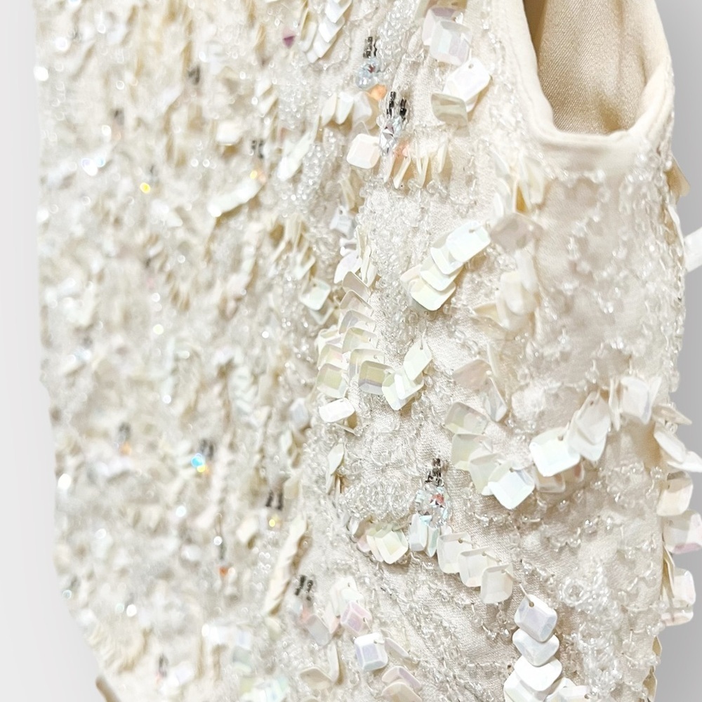 SAKS FIFTH AVENUE Vintage Sequin Crystal Embellished Ivory Bridal Bow Dress - Picture 6 of 9